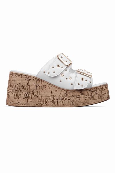 Lal Shoes & Bags Koen Women's Double Belted Buckle Detailed Cork Sole Wedge Heeled Slippers-White