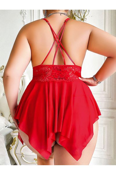 WİYONA Women's Red Black Lace Plus Size Transparent Tulle Nightdress