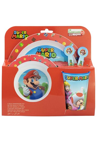 Disney 5-piece dinnerware set, plastic, BPA-free, multicolor, microwaveable, Super Mario