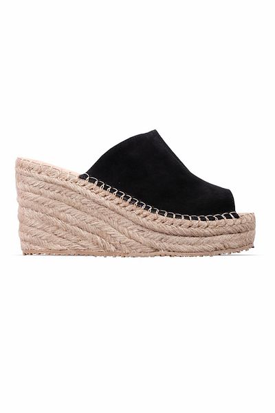 Lal Shoes & Bags Noise Women's Genuine Leather Open Front Nubuck Detailed Wedge Heeled Slippers-Black