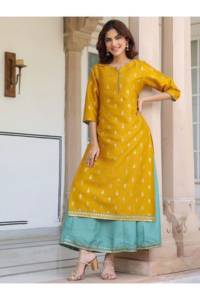 Janasya by Styli Foil Print Silk Blend Kurta and A-Line Dress Set