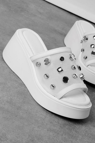Lal Shoes & Bags Awos Women's Tulle Detailed Silver Buckle Wedge Heeled Slippers-White