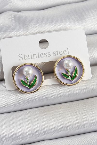 Clariss Brass Purple Enamel Tulip Figured Artistic Portrait Model Gold Color Women's Earrings