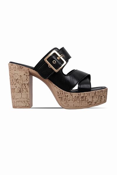 Lal Shoes & Bags Mute Women's Belt Buckle Detailed Cross Strap Heeled Slippers-Black