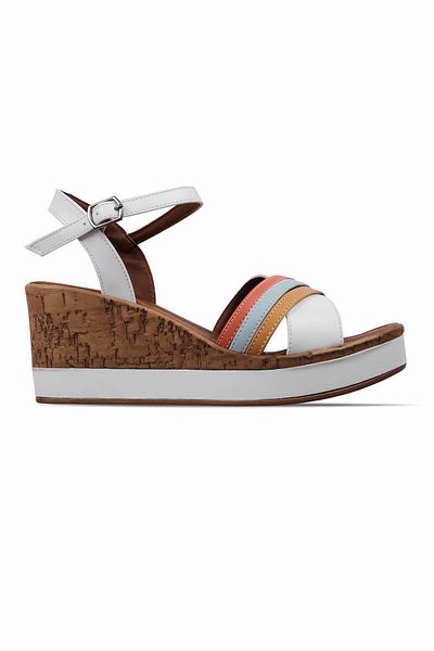 Lal Shoes & Bags Mere Women's Front Open Toe Belt Buckle Detailed Wedge Heeled Slippers-White