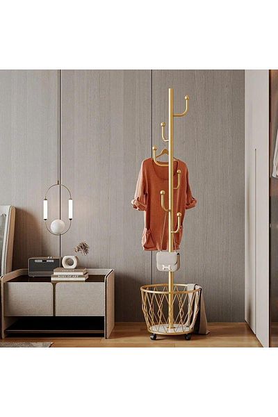 rexa Freestanding Metal Coat Rack Stand with Storage Basket & Wheels – Multi-Purpose Organizer