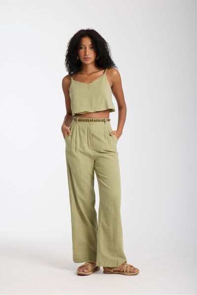 ABOUT US Bead Detailed Linen Bottom Top Women's Set