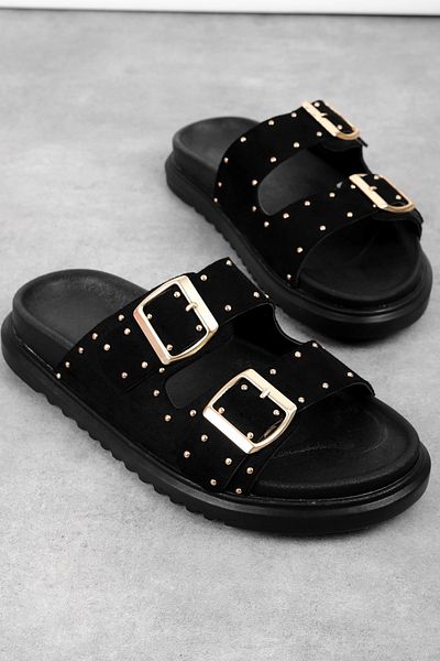 Lal Shoes & Bags Larwen Women's Metal Beaded Double Strap Buckle Detailed Slippers-S.Black
