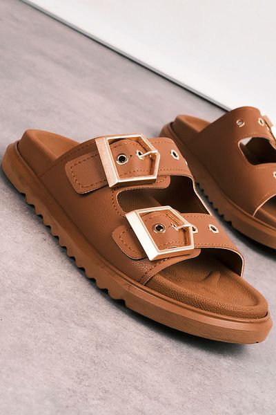 Lal Shoes & Bags Lighter Women's Belt Buckle Detailed Slippers-Tan