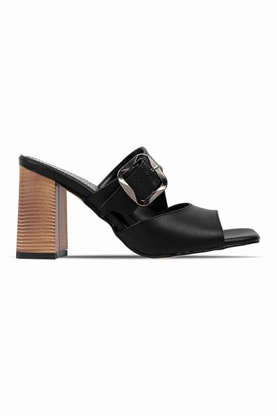 Lal Shoes & Bags Oreta Women's Double Strap Buckle Detailed Heeled Slippers-Black
