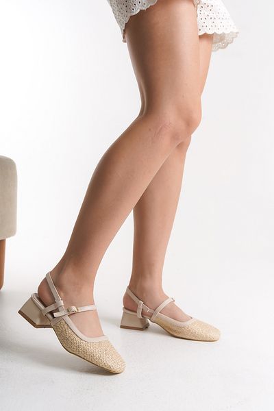 leopar by çetinay Marie Special Straw Beige Square Toe Orthopedic Sole Classic Heeled Shoes