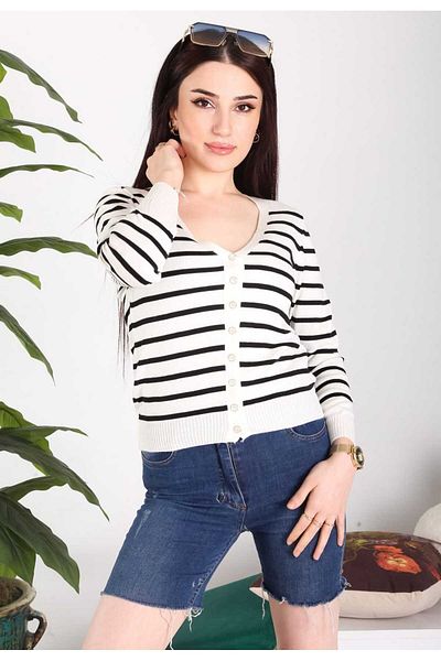 BOZKAYA ÖRME Seasonal Women's Striped Cotton Cardigan