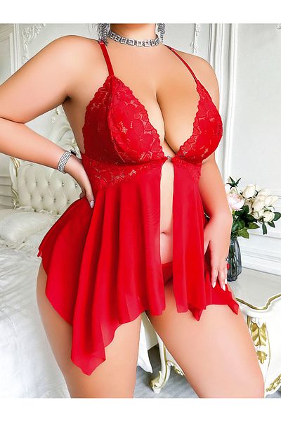 WİYONA Women's Red Black Lace Plus Size Transparent Tulle Nightdress