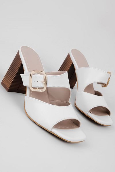 Lal Shoes & Bags Oreta Women's Double Strap Buckle Detailed Heeled Slippers-White