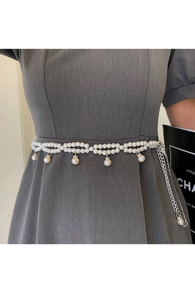 Shiklik MODA Дамски колан за талия с бели камъни и перли