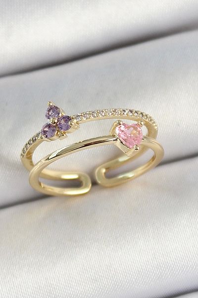 Clariss Gold Color Adjustable Women's Ring with Brass Heart and Flower Figure Zircon Stone