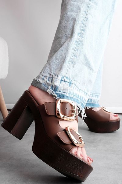Lal Shoes & Bags Lora Women's Double Belted Large Buckle Detailed Thick Heeled Slippers-Brown