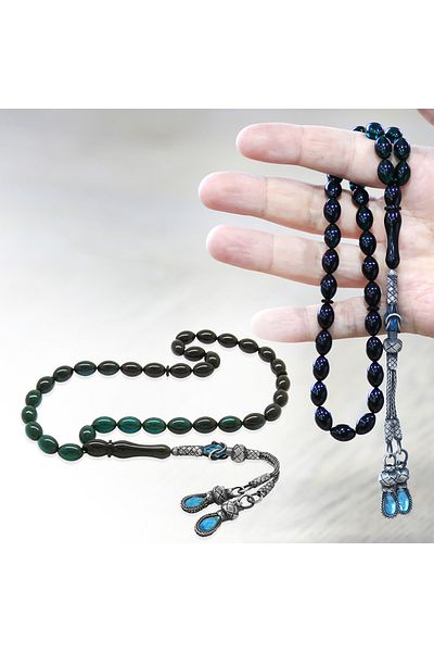 Tesbihane 1000 Sterling Silver Double Kazaz Tasseled Barley Cut Filtrated Turquoise Black Fire Amber Prayer Beads