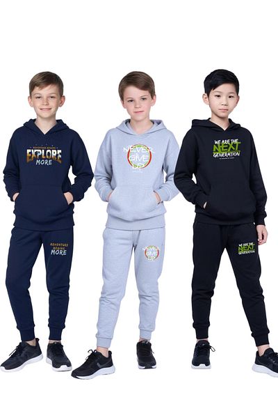 FYK COLLECTİON 3-Piece Boy's Kangaroo Pocket Hooded Printed Tracksuit Set