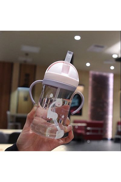 Choice 350ML 350ML Pink Handle Cartoon Pattern Outdoor Child Drinking Bottle with Straw Baby Feeding Cup Tr
