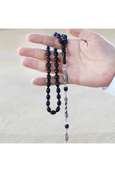 Tesbihane Non-Tarnish Metal Rope Tasseled Barley Cut Straining Blue Black Clamping Amber Prayer Beads