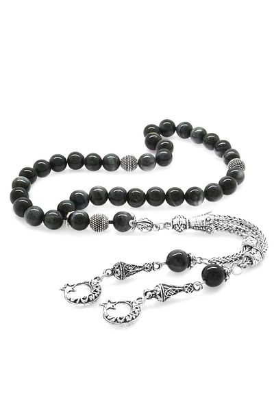 Tesbihane Non-Tarnish Metal Crescent Star Tasseled Globe Cut Gray Turtle Eye Natural Stone Rosary