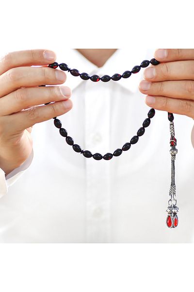 Tesbihane 1000 Sterling Silver Double Kazaz Tassel Barley Cut Red Black Fire Amber Prayer Beads