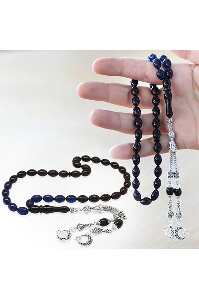 Tesbihane Tarnish-Free Metal Crescent and Star Tasseled Barley Cut Strained Blue Black Crimping Amber Prayer Beads
