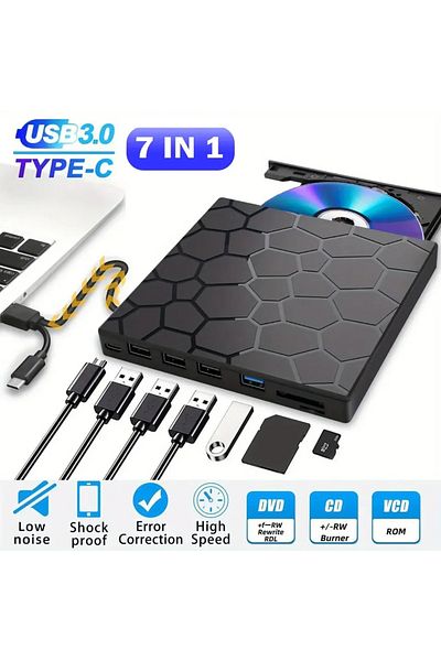 Choice Black 7 in 1 External CD/DVD Drive USB 3.0 Type C Portable DVD Player CD Burner External Disk Drive