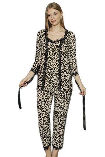 bipamuk Set of 3 Cotton Women's Pajamas with Leopard Chic