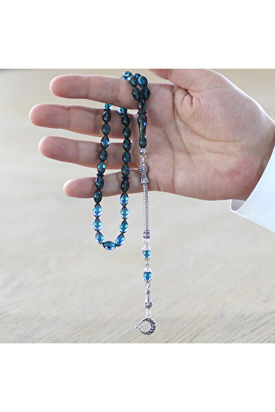 Tesbihane Ayyıldız Non-Tarnish Metal Tasseled Barley Cut Turquoise Fire Amber Prayer Beads