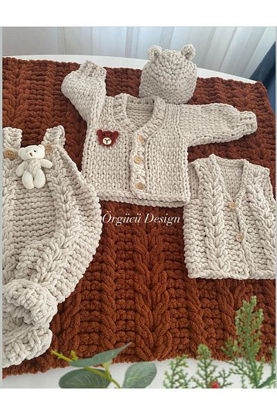 ÖRGÜCÜ DESİGN Puffy Baby Blanket Jumpsuit Cardigan Vest Beanie Set - Baby Suit