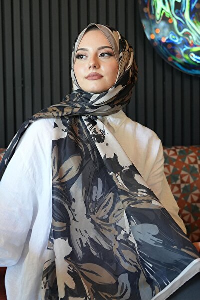 AFVENTE Μαύρο μαλακό βαμβακερό σάλι με μοτίβο λουλουδιών κρίνος