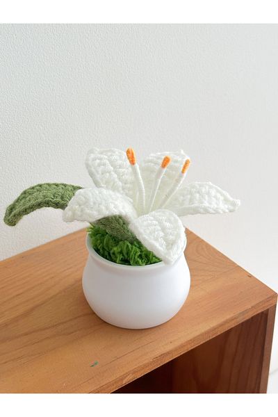 Choice WHITE Flowers Hand-Knitted Lily Potted Delicate Crochet Woven Flowers Pot Mother's Day Gift