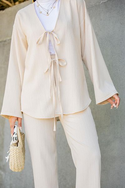 Tesettür Çarşım Mira Boucle Fabric Tunic Pants Set-Beige