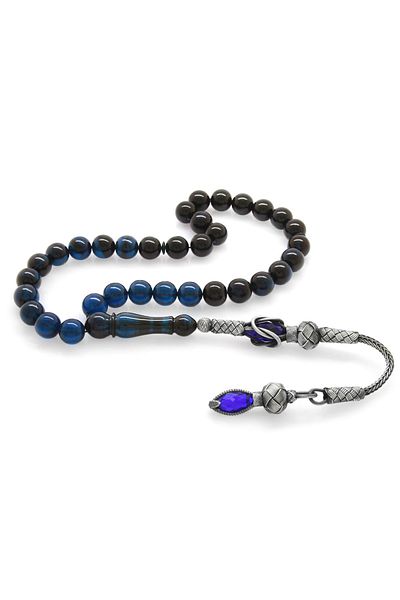 Tesbihane 1000 Sterling Silver Kazaz Tassel Sphere Cut Filtrated Blue Black Crimping Amber Prayer Beads