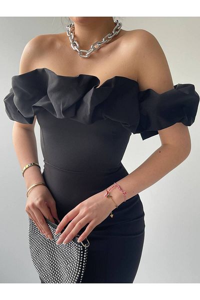 OLSAMODA Women's Atlas Fabric Collar Ruffle Low Sleeve Mini Pop Evening Dress