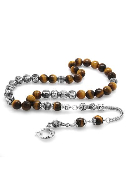 Tesbihane Non-Tarnish Metal Tassel Sphere Cut Name Written Tiger's Eye Natural Stone Prayer Beads