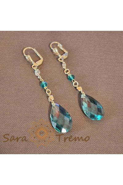 saratremo Elegant Gold-Plated Earrings with Green Zirconia Crystals - 6.5 cm
