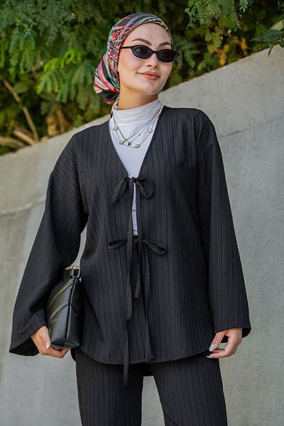 Tesettür Çarşım Mira Bürümcük Fabric Tunic Trousers Set-Black