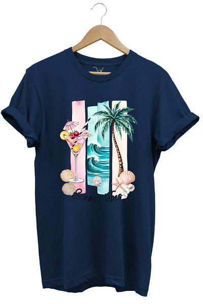 WİDİ Summer Vibes Καλοκαιρινό θεματικό κοκτέιλ, μπλουζάκι με μοτίβο φοίνικα και θάλασσα 100% βαμβακερό κανονικό μπλουζάκι