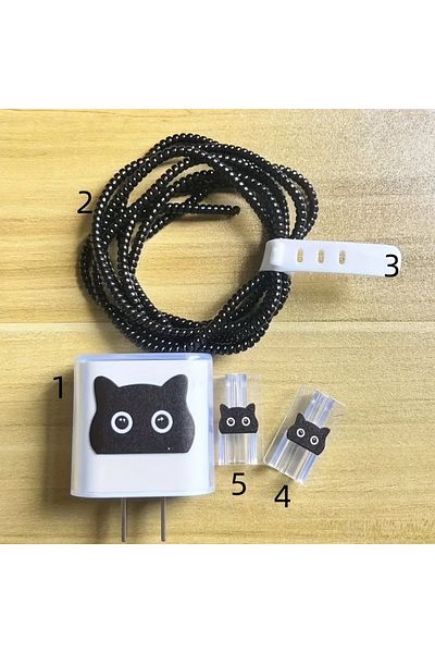 Choice black 5-Piece set Black Cat Charging Data Cable Protector Winder Accessories For iPhone 18/20w Charg