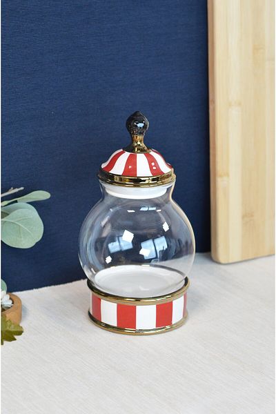 PONCİKPAZAR Leo Porcelain & Glass Topped Red White Large Jar