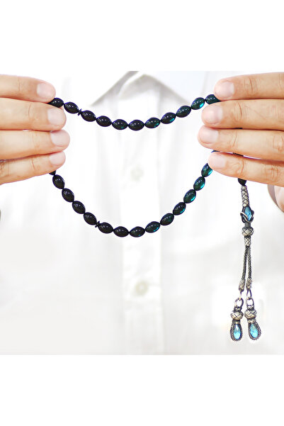 Tesbihane 1000 Sterling Silver Double Kazaz Tasseled Barley Cut Filtrated Turquoise Black Fire Amber Prayer Beads