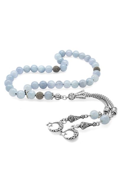 Tesbihane Non-Tarnish Metal Crescent Star Tasseled Globe Cut Aquamarine Natural Stone Rosary