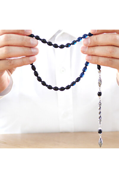 Tesbihane Непотъмняващ метален възел с ресни, филтър с ечемичен разрез, син, черен, пресован, кехлибар, броеница