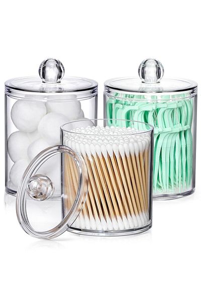 Choice 3 Pack A01 4 Pack Acrylic Qtip Holder Dispenser for Cotton Swabs, Balls, Pads, Floss Picks- Small Cl