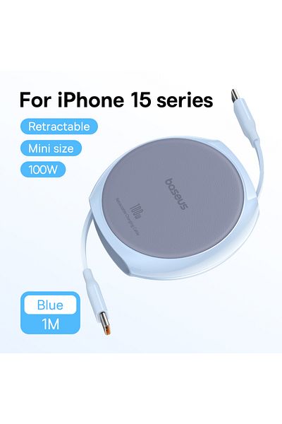 Baseus 1m Blue Usb C Cable 100w For Iphone 16 15 Plus Pro Max Retractable Cable For Macbook Ipad Fa