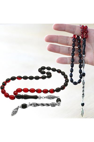 Tesbihane Non-Tarnish Metal Rope Tasseled Barley Cut Filtered Red Black Fire Amber Prayer Beads