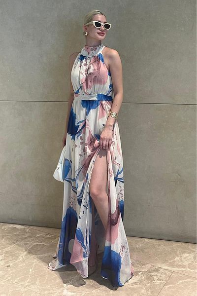 Madmext Saks/Pink Halter Λαιμόκοψη Μακρύ Φόρεμα με Λεπτομέρεια MG2162